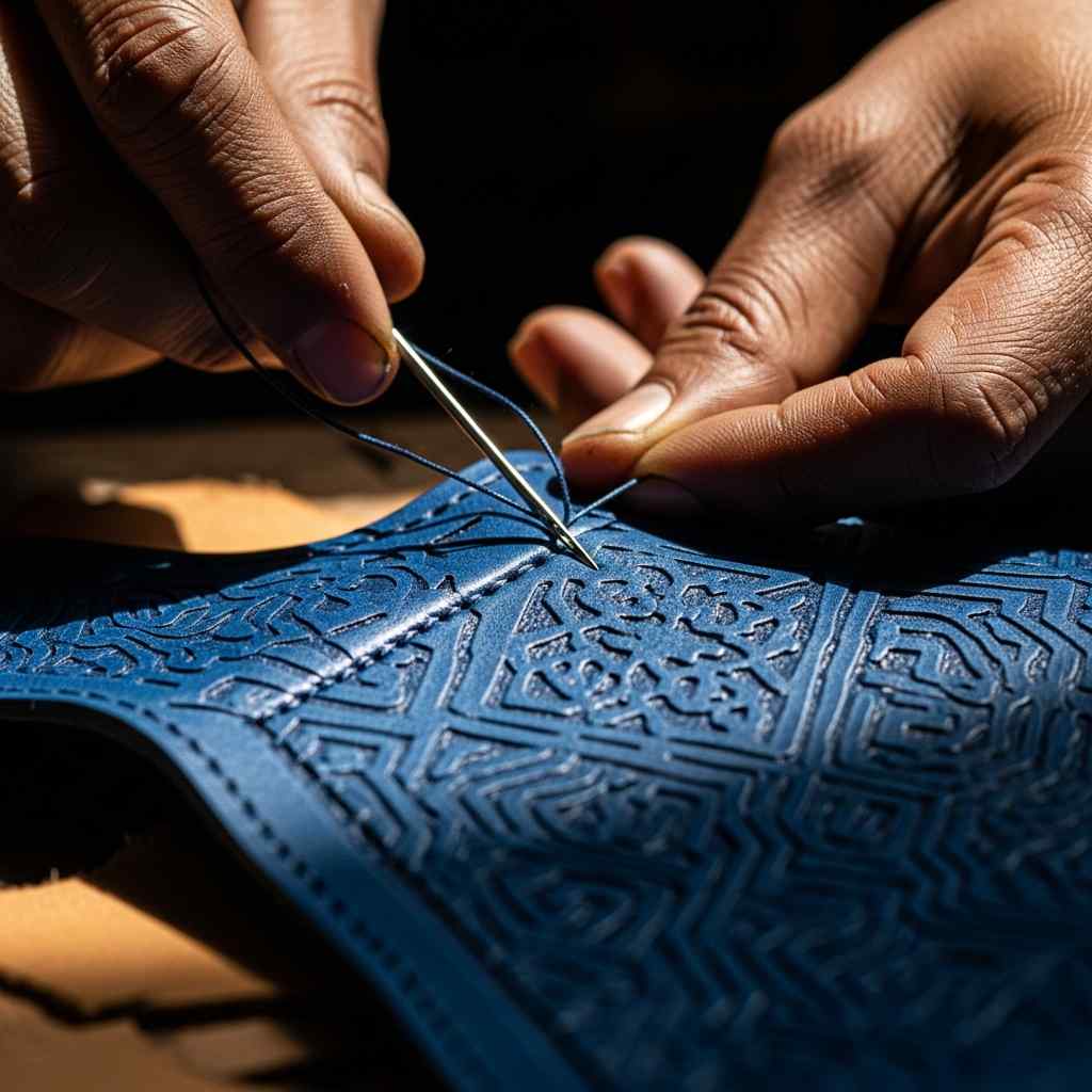 Close-up stitching complex geometric designs into dark blue leather with a metal needle