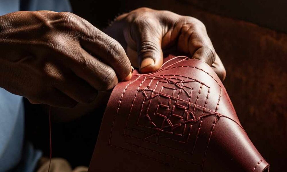 Close-up of hands stitching a complex geometric pattern into dark leather