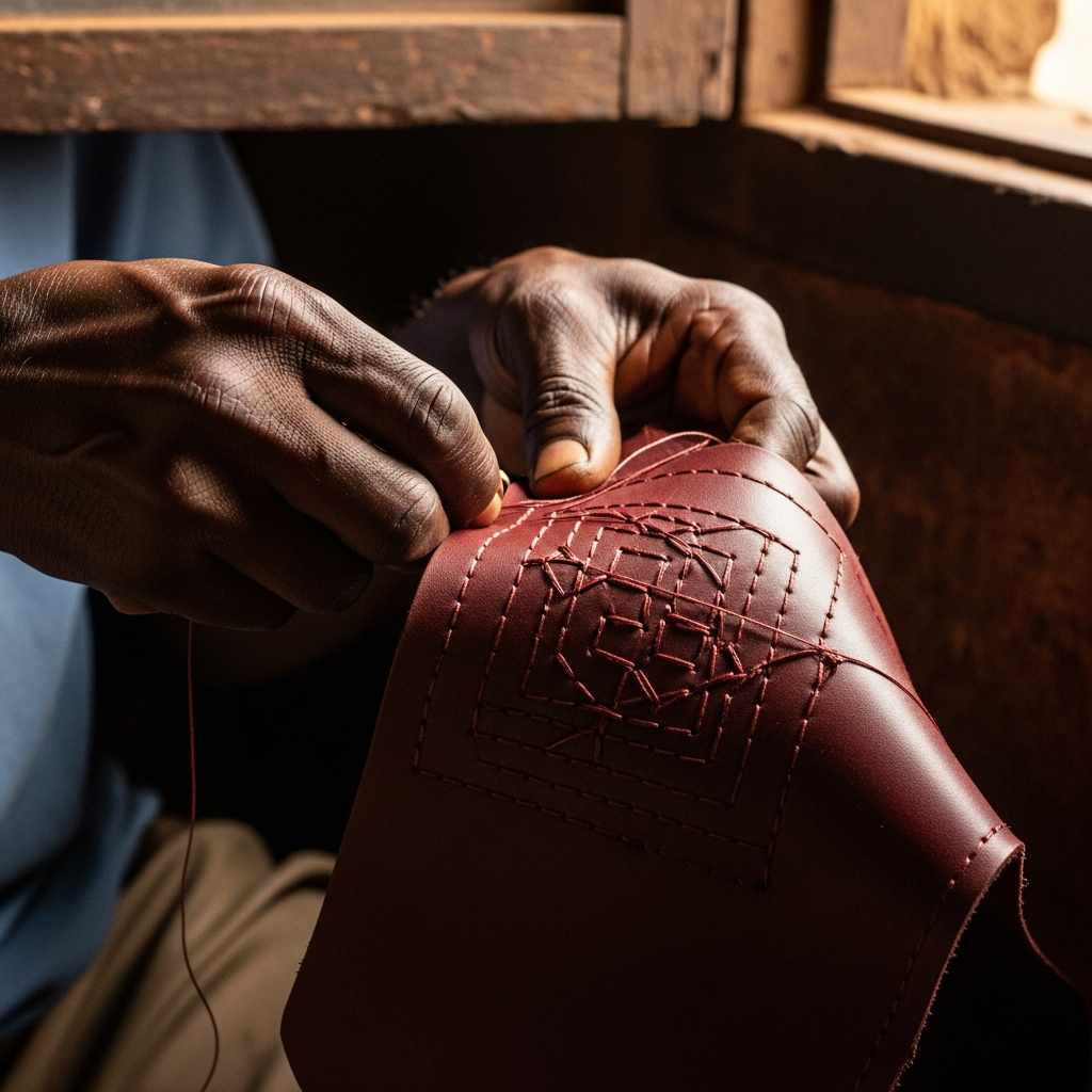 Close-up of hands stitching a complex geometric pattern into dark leather