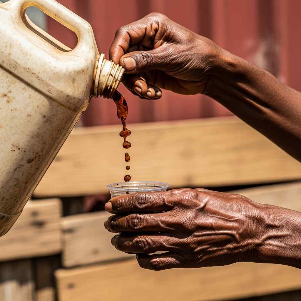 Traditional Nigerian herbal medicine vendor's stall with labeled translucent bottles filled with roots, barks, and dark infusions