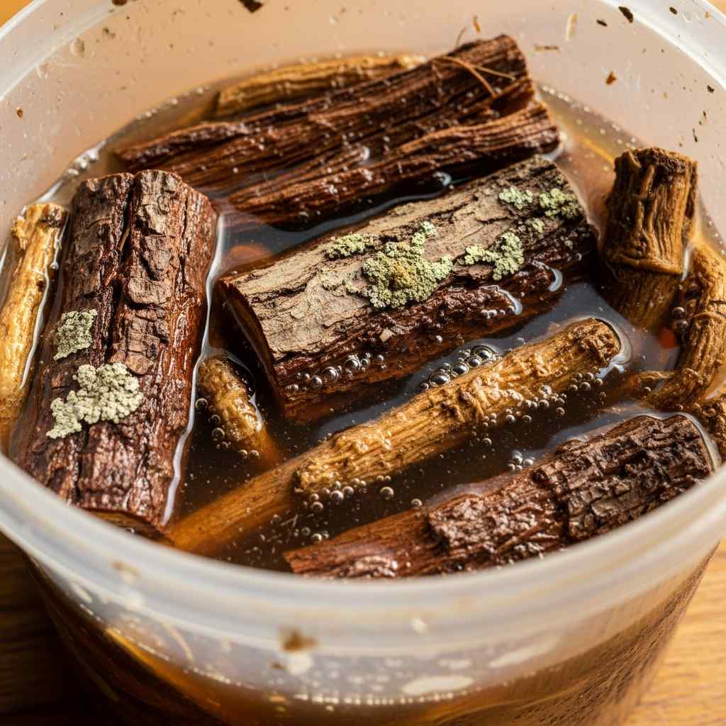 Roots and barks soaking in a translucent bottle for herbal infusion