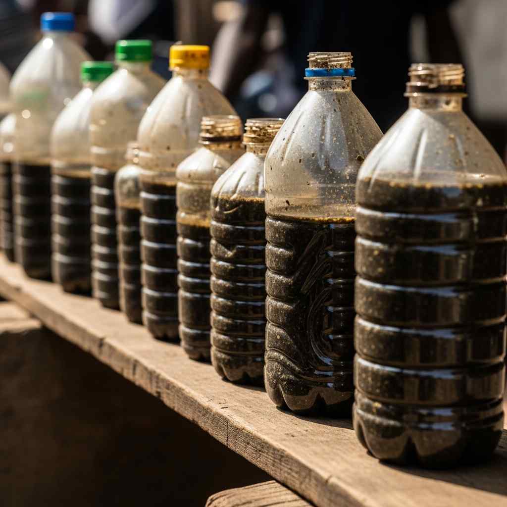 A row bottles containing dark herbal liquids on a wooden surface