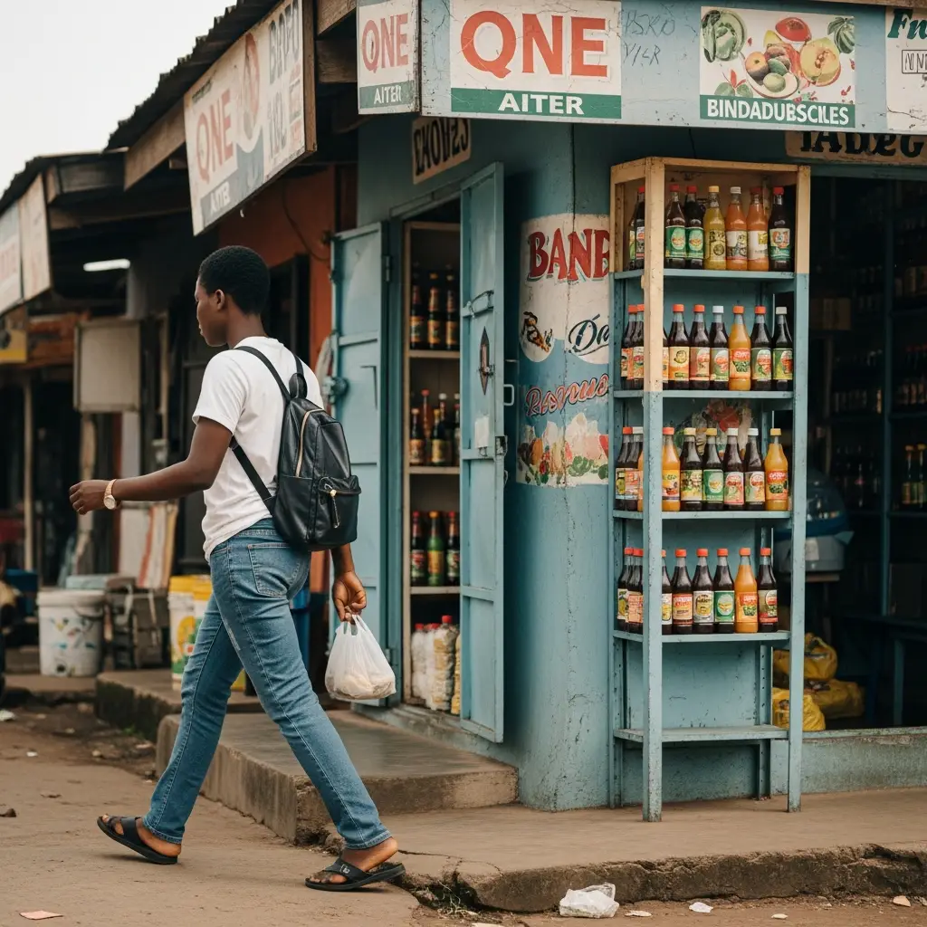 Person walks past shops selling herbal drinks.