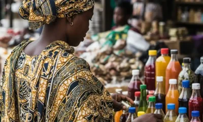 Woman views herbal drinks at Nigeria market.
