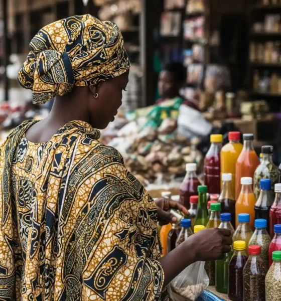 Woman views herbal drinks at Nigeria market.