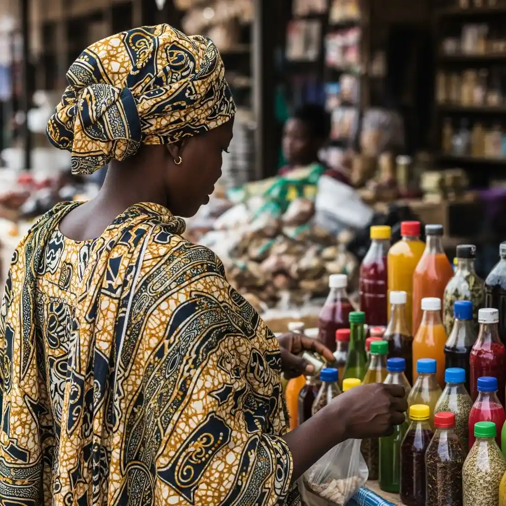 Woman views herbal drinks at Nigeria market.