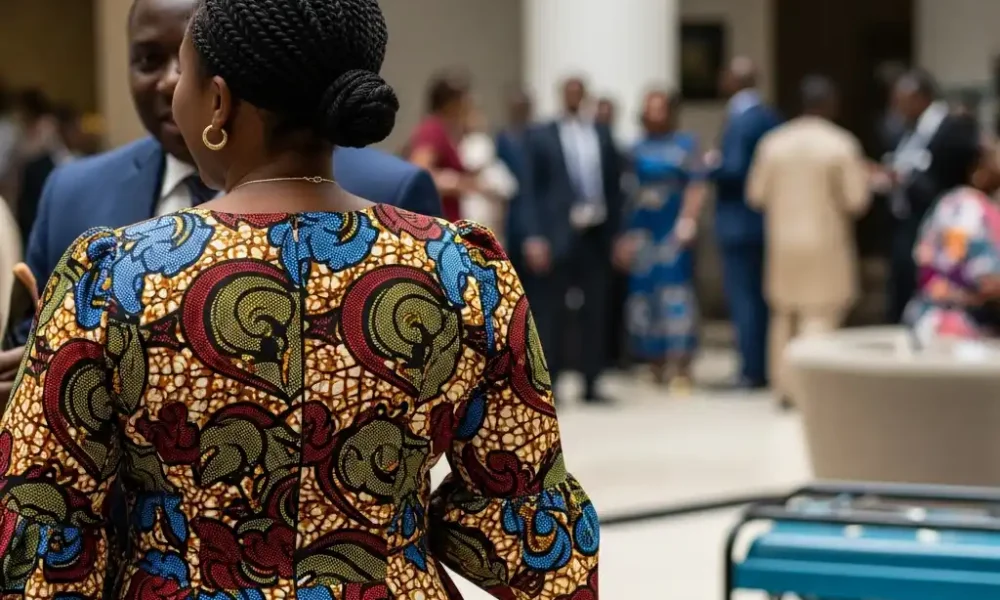 Woman in Ankara dress in hotel lobby