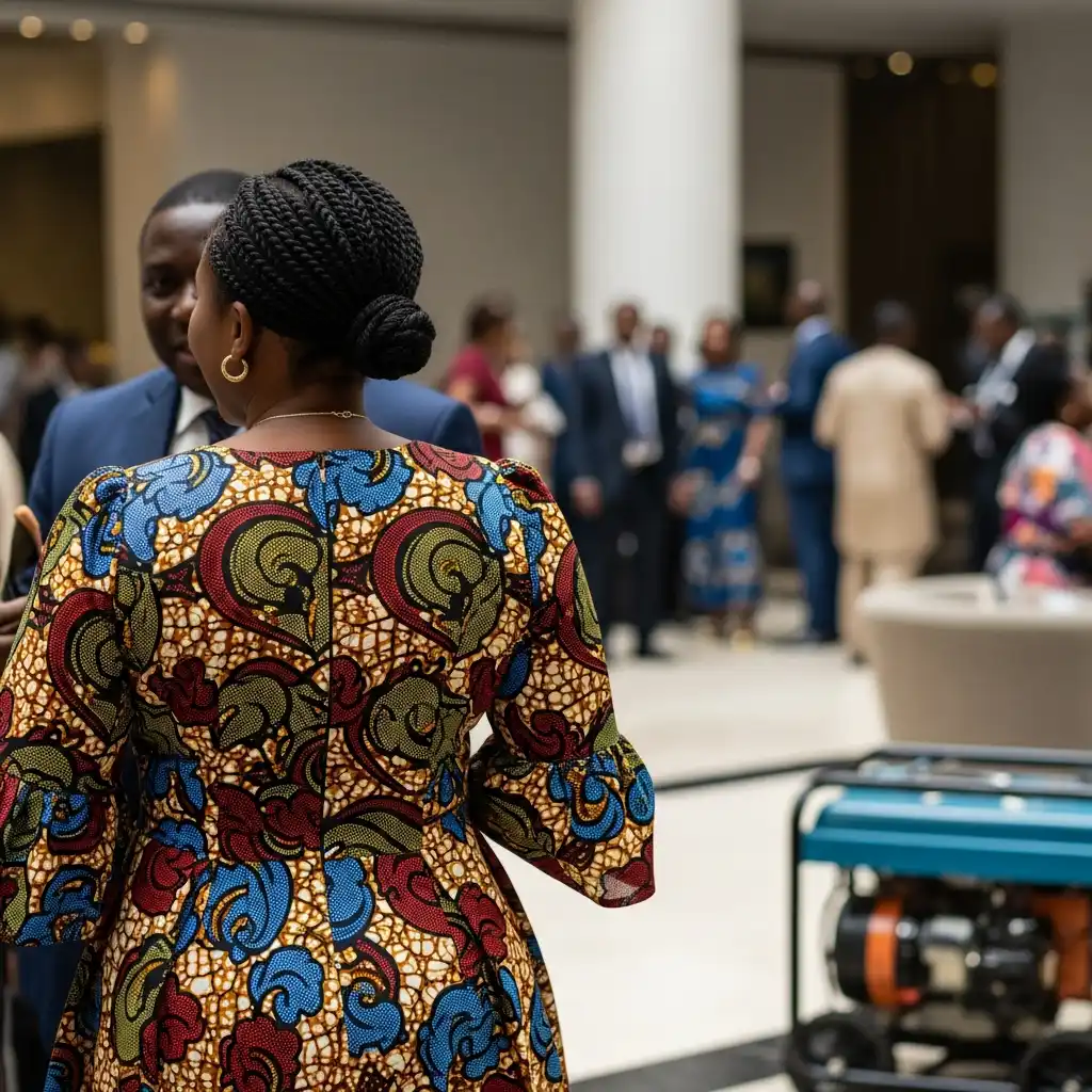 Woman in Ankara dress in hotel lobby