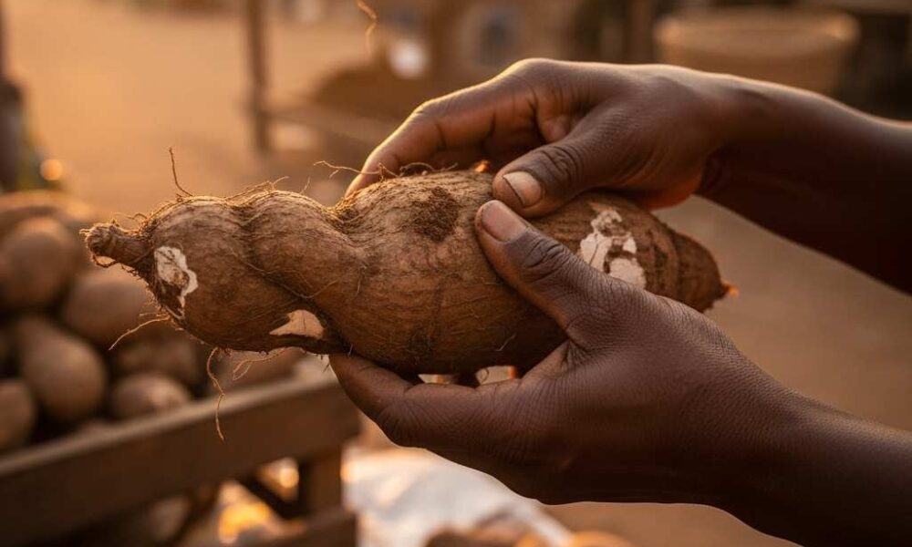 Weathered hands lifting a gnarled yam tuber sunlit outdoor market
