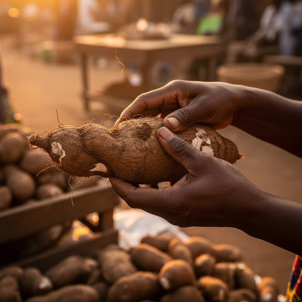 Weathered hands lifting a gnarled yam tuber sunlit outdoor market