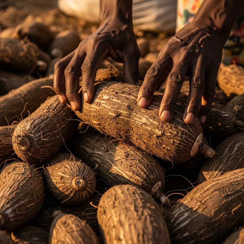 Close-up of hands touching gnarled yam tubers in sunlit market