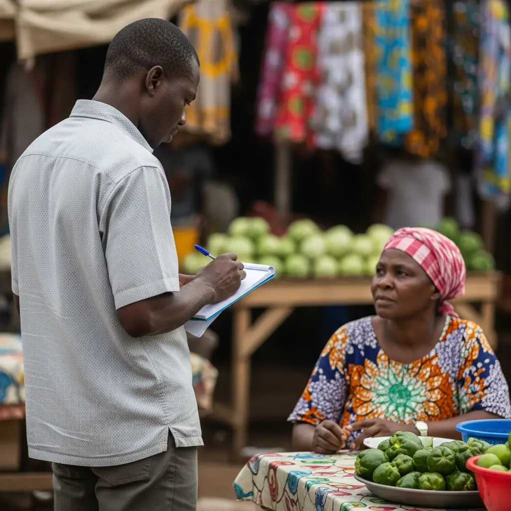 Dr. Okoro watches Mama Ngozi in market. Notepad in hand.
