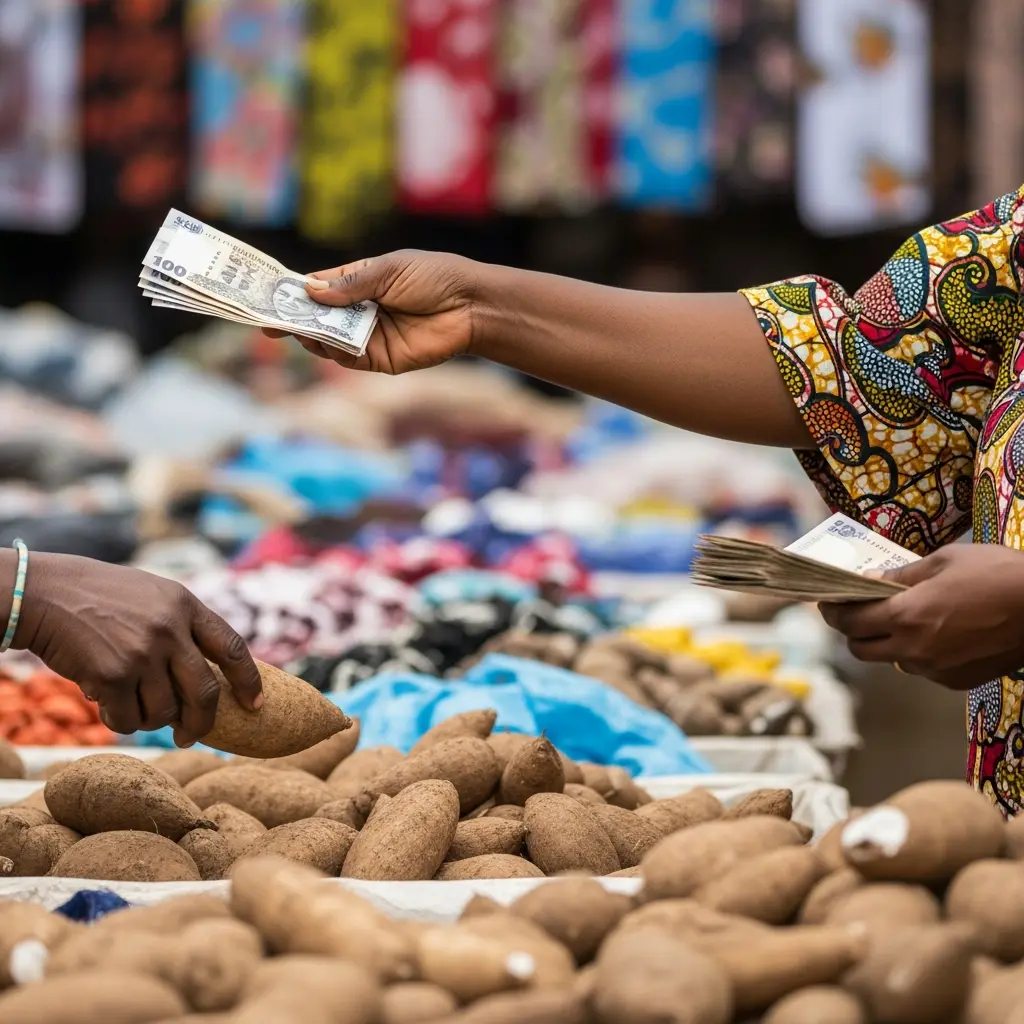 Hand exchanges money for yam in market.