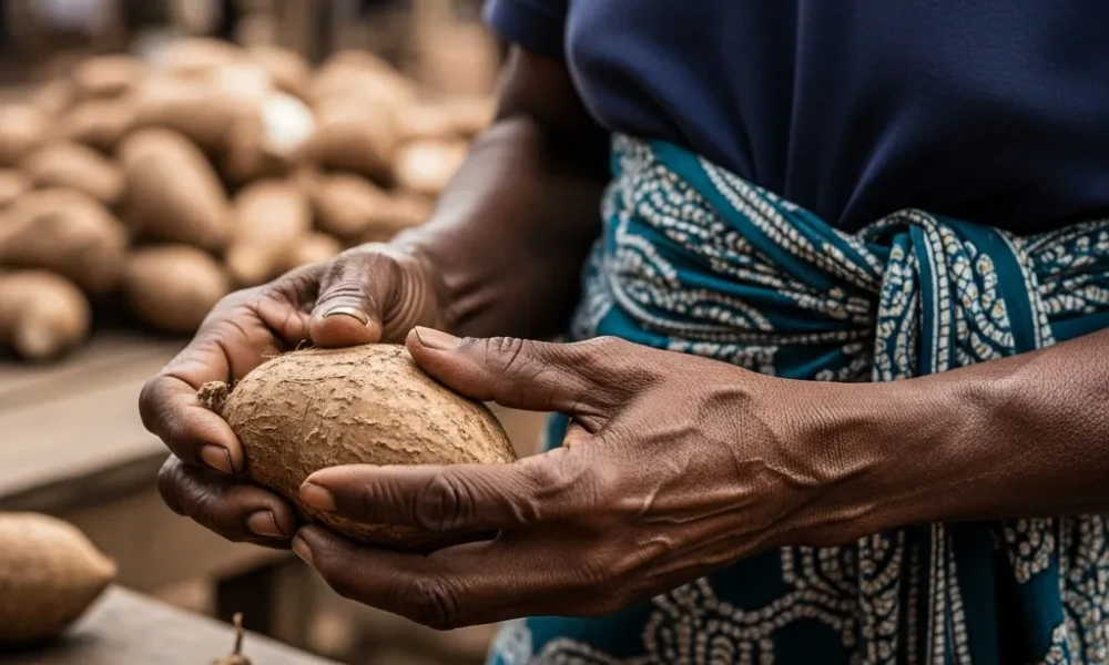 Hands hold yam in market.