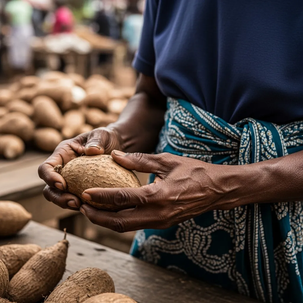 Hands hold yam in market.