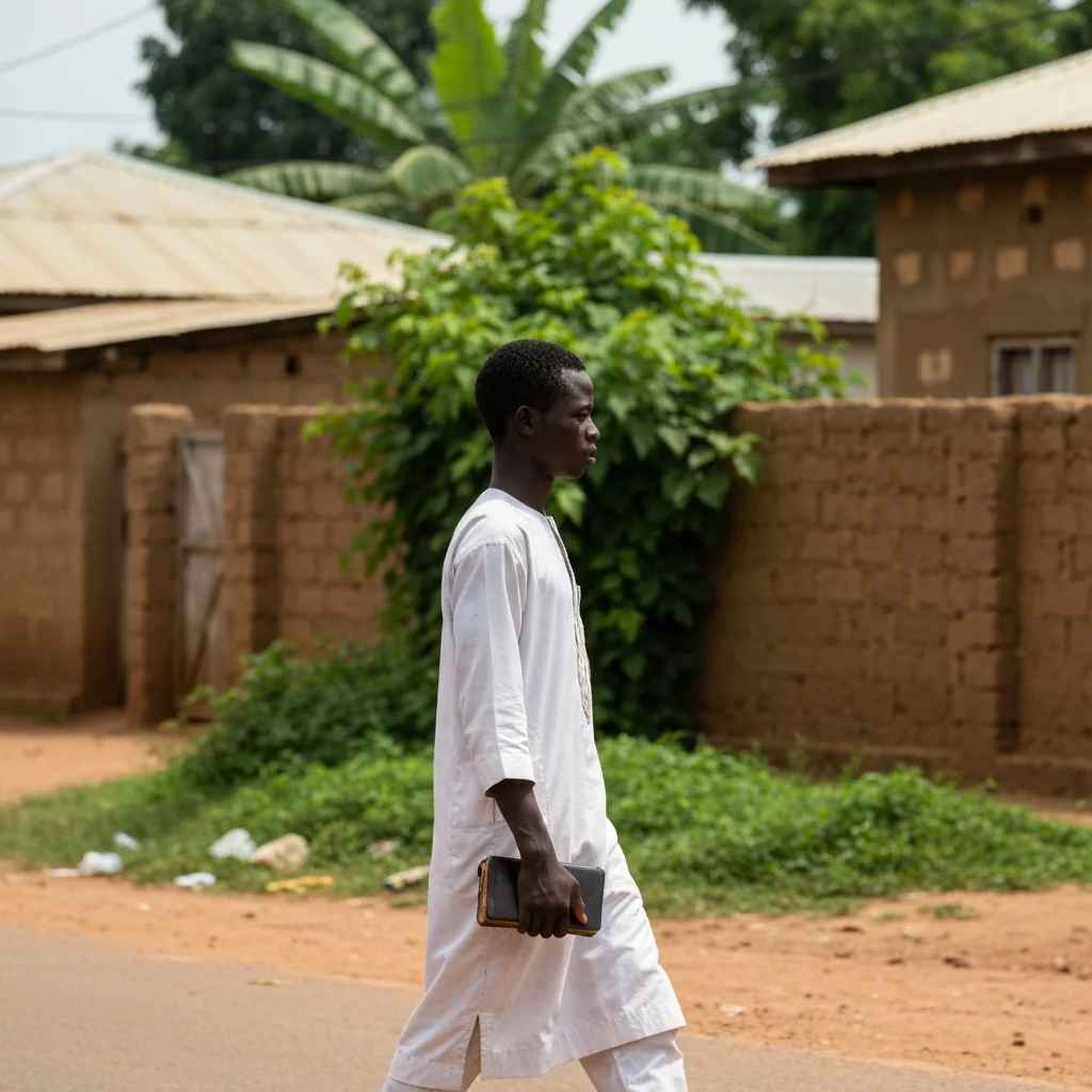 Man walks with on rural road.