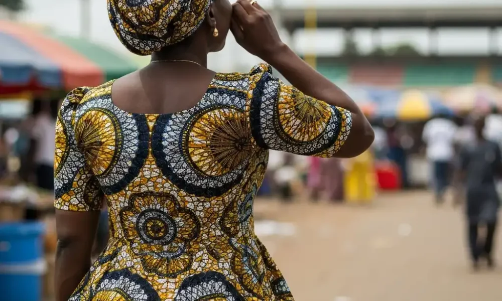 Woman on Lagos street listens to phone.