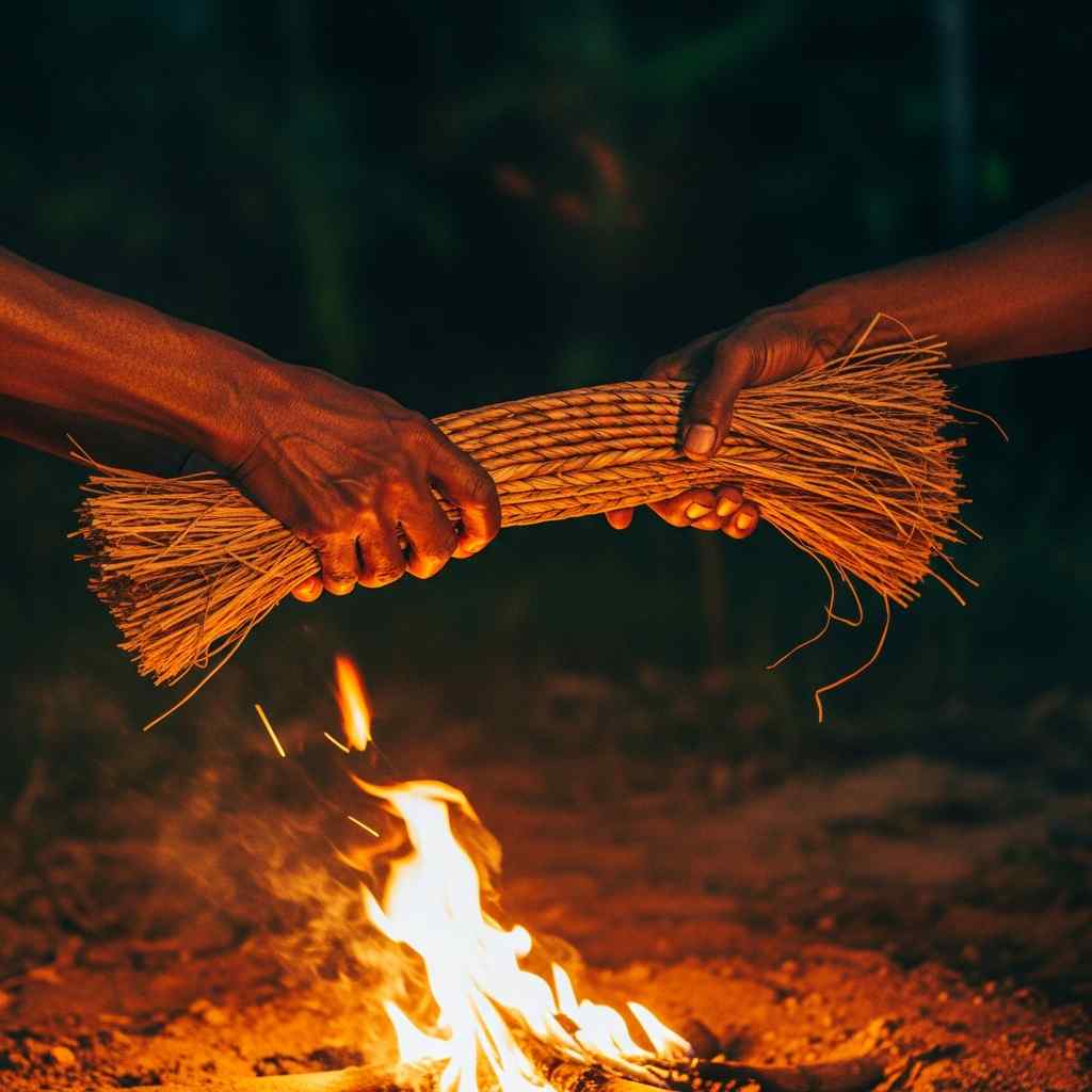 Weathered hands exchanging goods under warm light in a dark forest setting