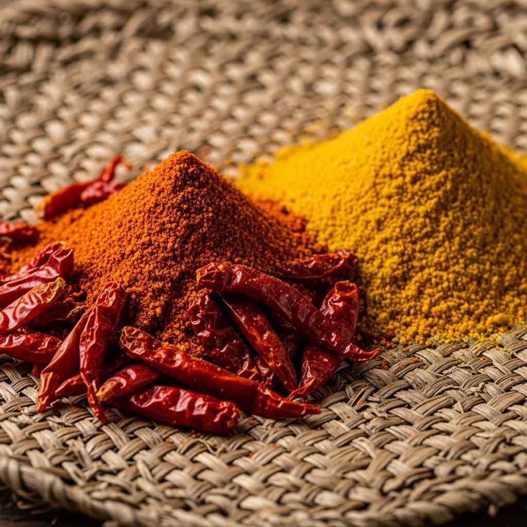 Colorful peppers and spices arranged on a woven mat under warm light