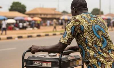 Man by generator in Nigeria.