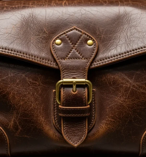 Worn leather travel bag with brass buckle