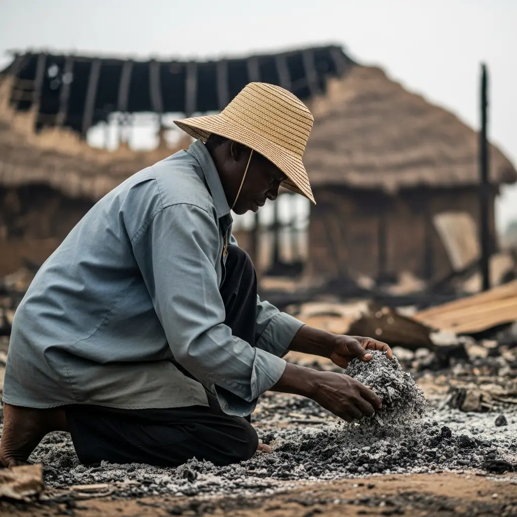 Person in straw hat sifts through ashes of burned building.