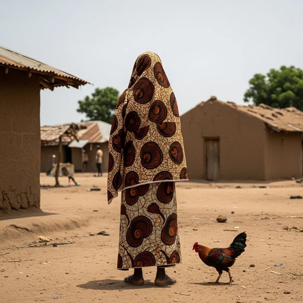 Woman stands near mud houses in Udege.