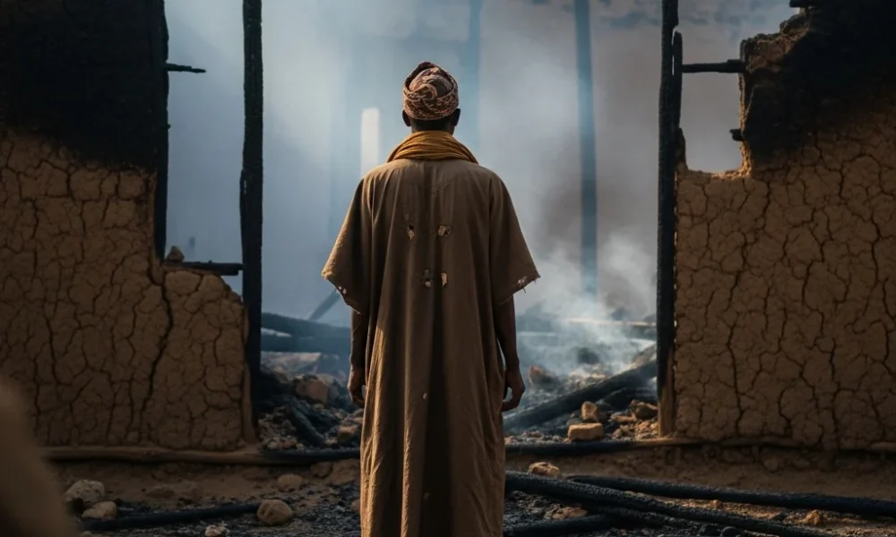 Person looks at burned house.