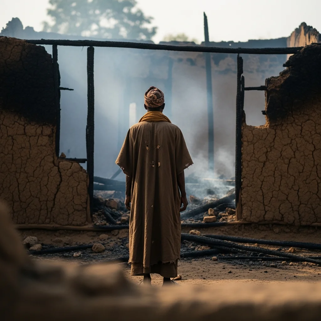 Person looks at burned house.