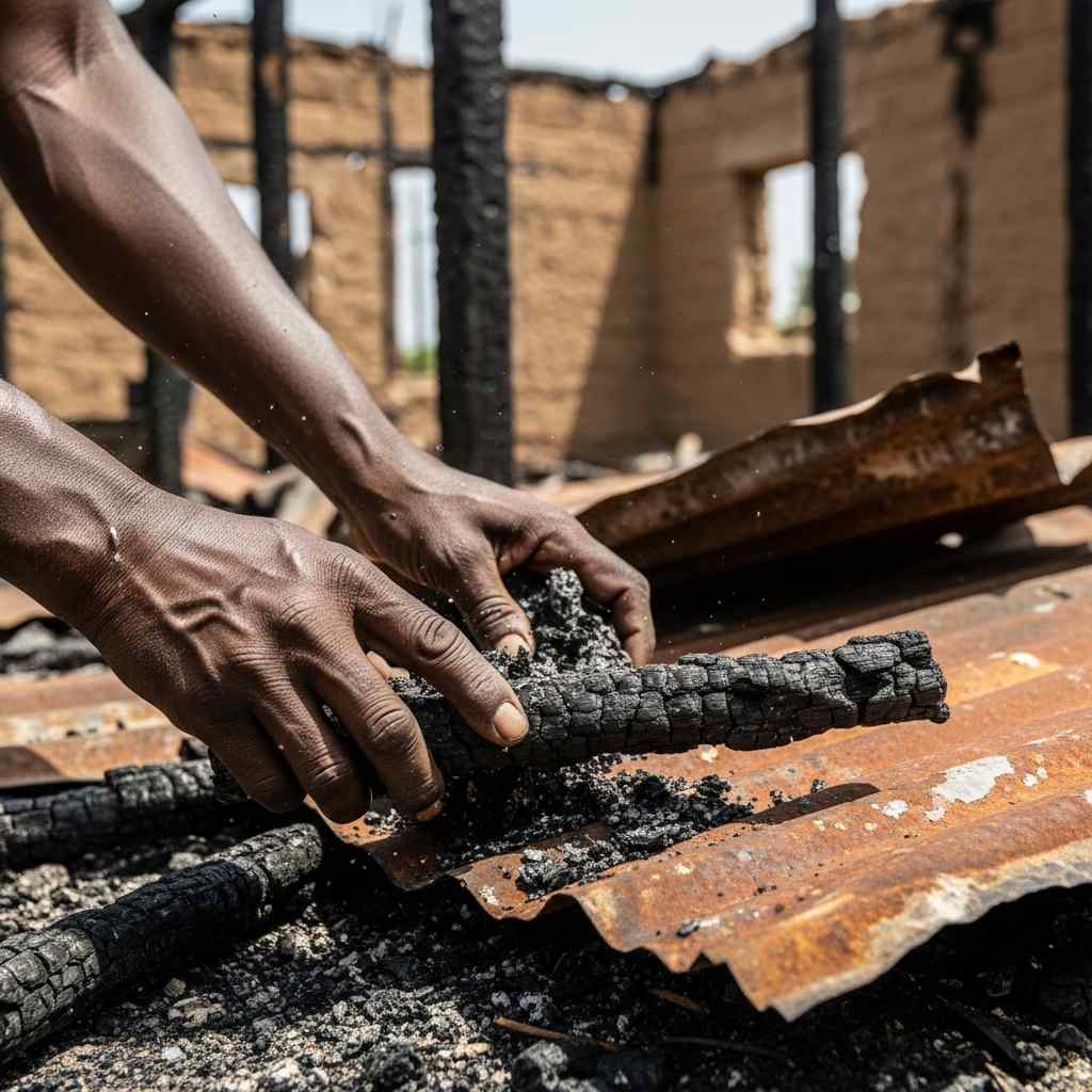 Hands hold burnt wood with a building behind