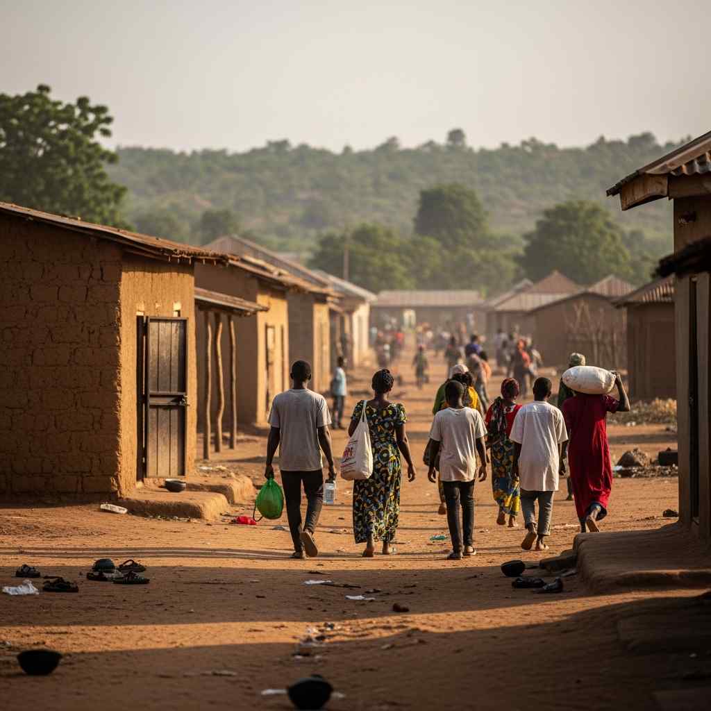 People walk down a dusty village road
