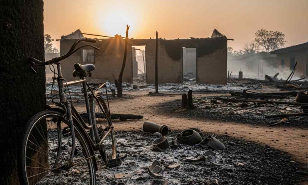 Burnt houses and a bicycle in Udege after the attack