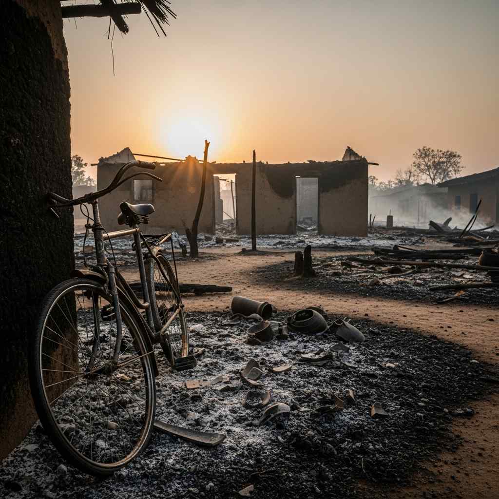 Burnt houses and a bicycle in Udege after the attack
