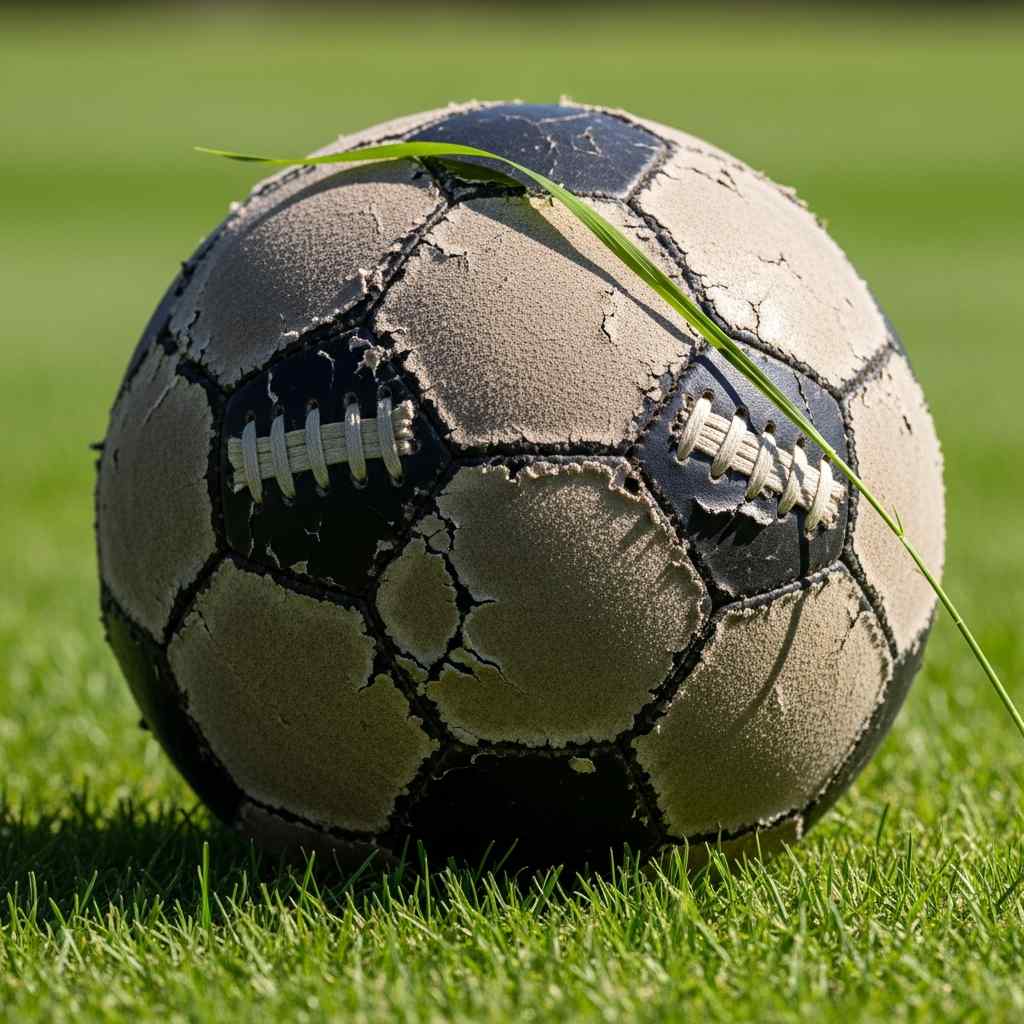 A worn football on a modern paved stadium walkway
