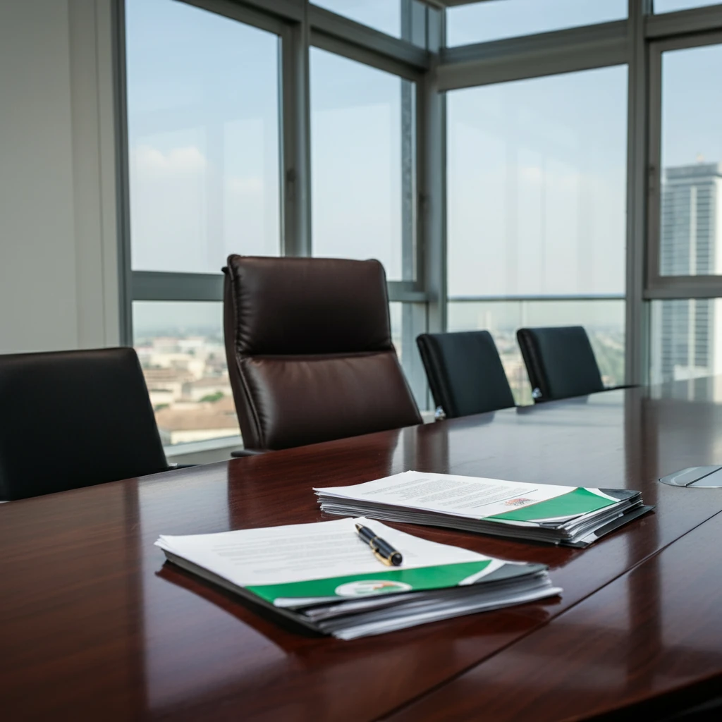 Conference room with documents and pen on a dark wooden table, chairs around, and a cityscape in the background