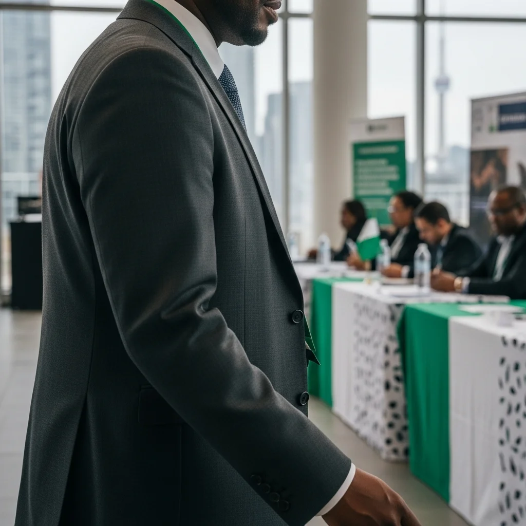 Man in grey suit walks in Apollo Convention Centre.