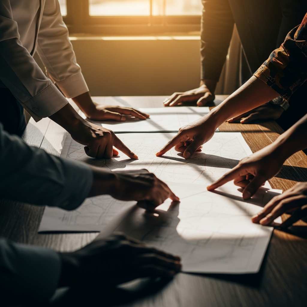 People pointing at a map on a table