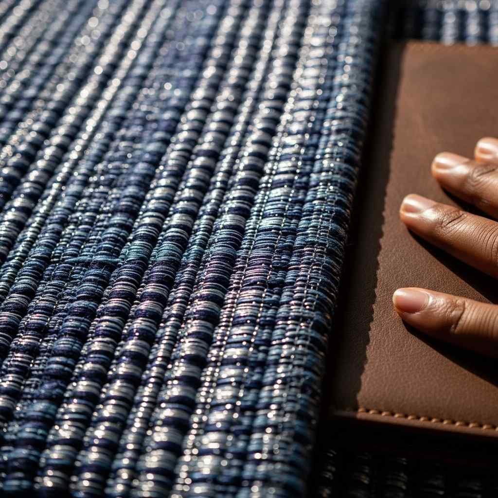 Hand on notebook next to blue woven material