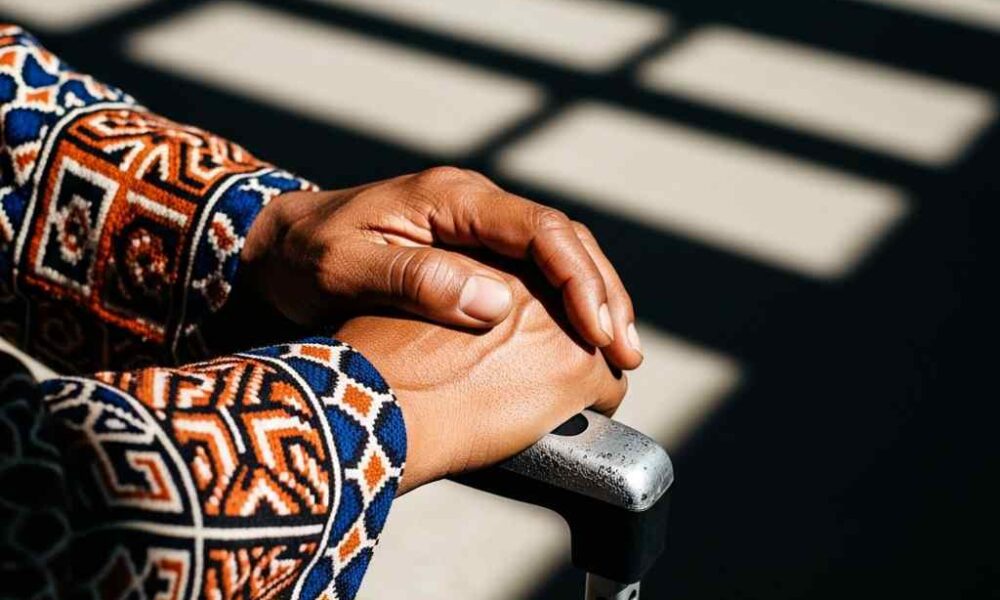 Person's hands gripping a suitcase handle, wearing a patterned shirt.