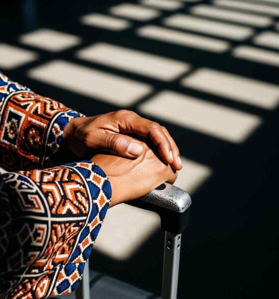Person's hands gripping a suitcase handle, wearing a patterned shirt.
