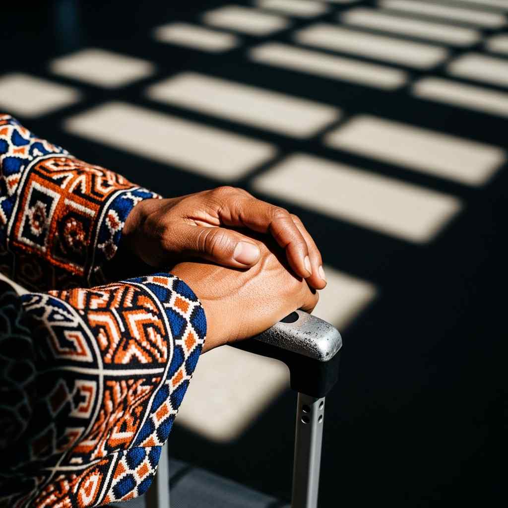 Person's hands gripping a suitcase handle, wearing a patterned shirt.