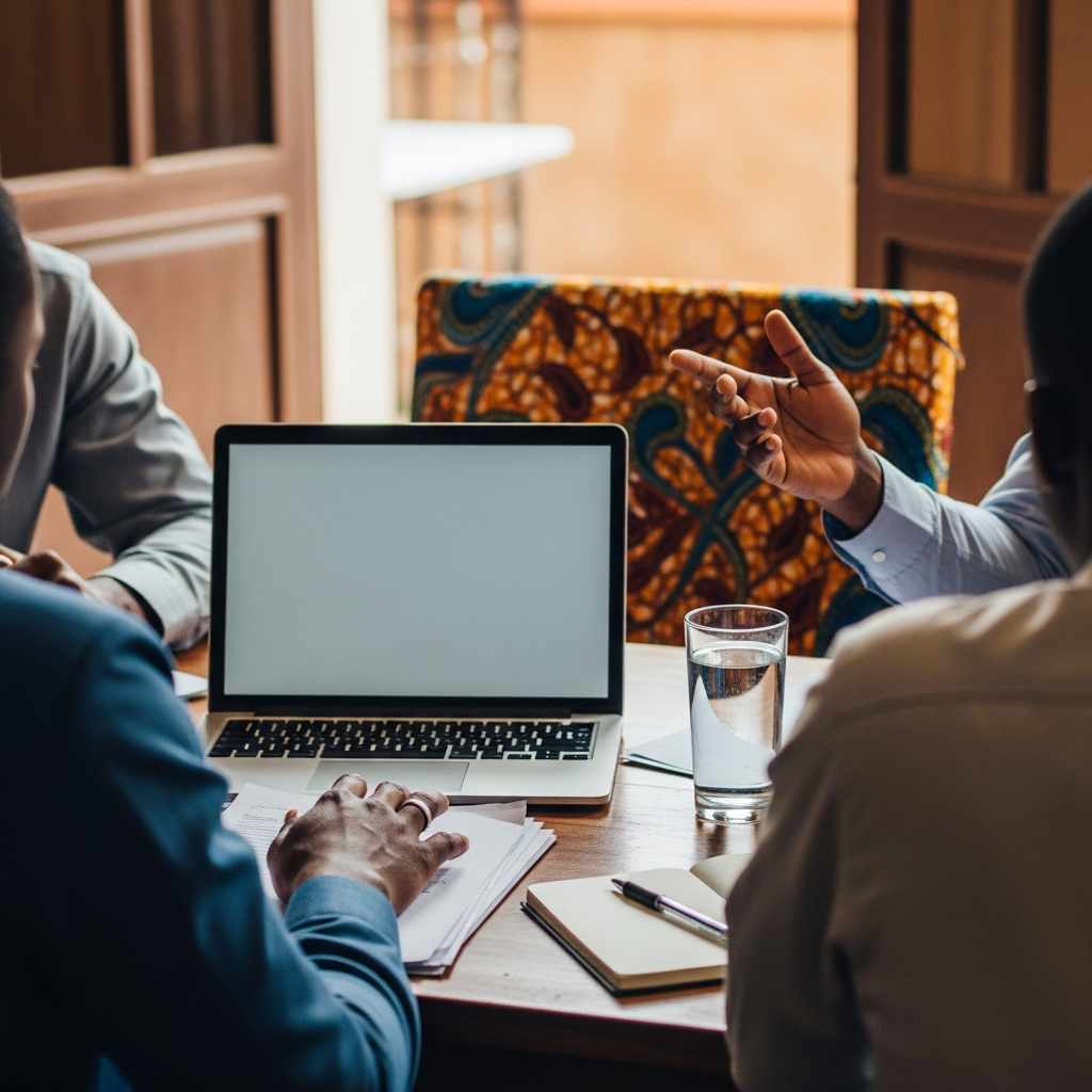 Businessmen meeting around a laptop at a table
