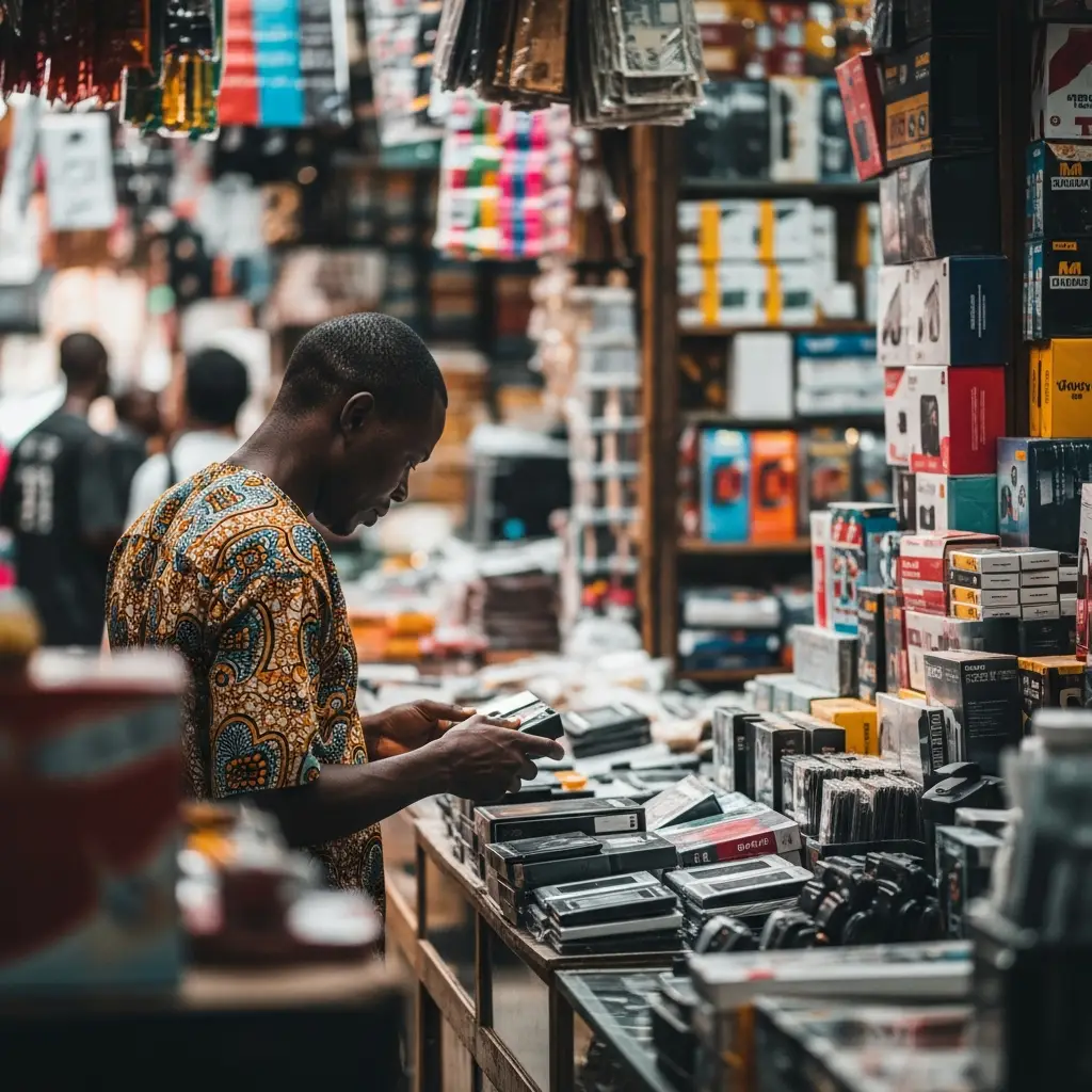 Man examines goods in a busy Onitsha market stall.