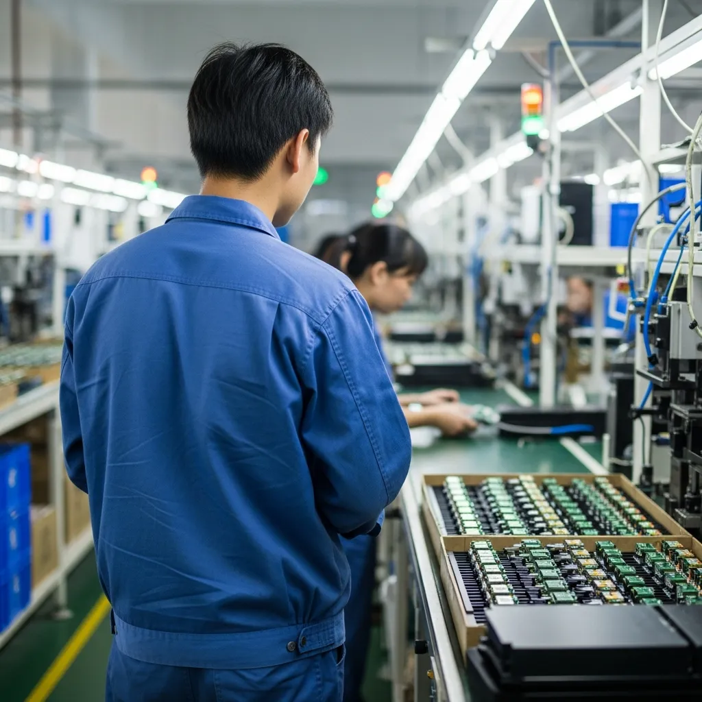 Factory worker observes assembly line.