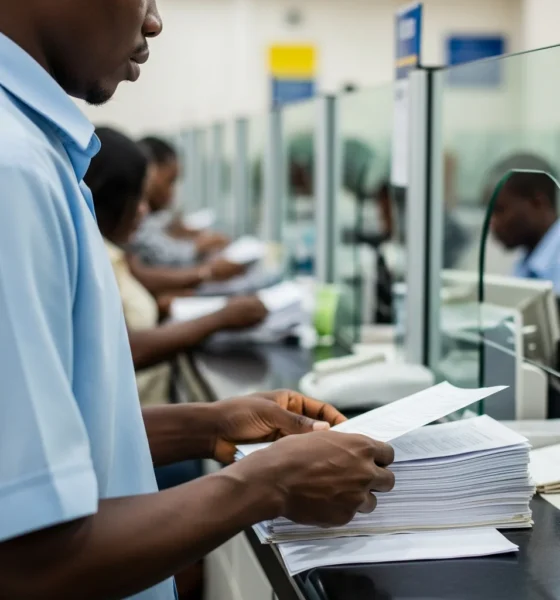 Person sorts papers at Lagos bank.