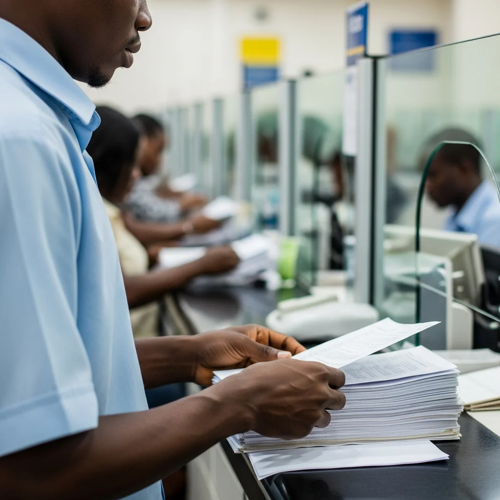 Person sorts papers at Lagos bank.