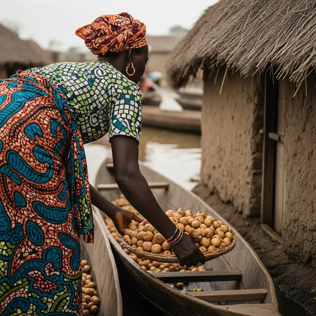 Woman unloads produce from canoe.