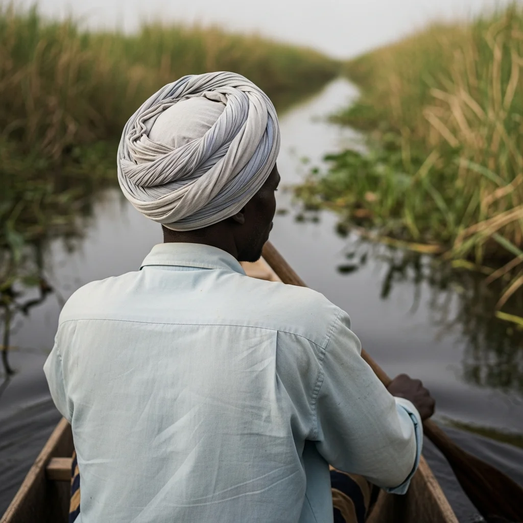 Man paddles canoe in shallow waterway.