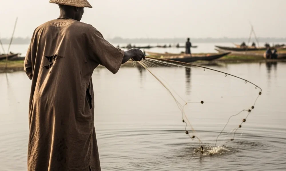 Fisherman casts net in Yobe River, Northeast Nigeria.