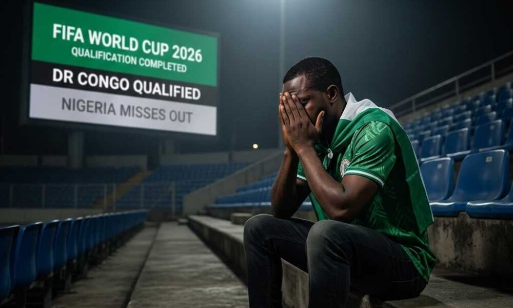 a despondent Nigerian football supporter in a green jersey, sitting alone in a darkened stadium with his head in his hands. In the background, a large digital scoreboard displays "FIFA WORLD CUP 2026 QUALIFICATION COMPLETED: DR CONGO QUALIFIED - NIGERIA MISSES OUT." A newspaper on the concrete floor carries the headline "SUPER EAGLES' DREAM DASHED.